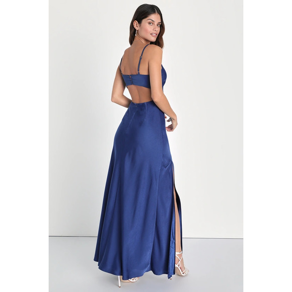 Lulus Dresses & Skirts - NWOT Divine Romance Navy Blue Satin Backless Maxi Dress